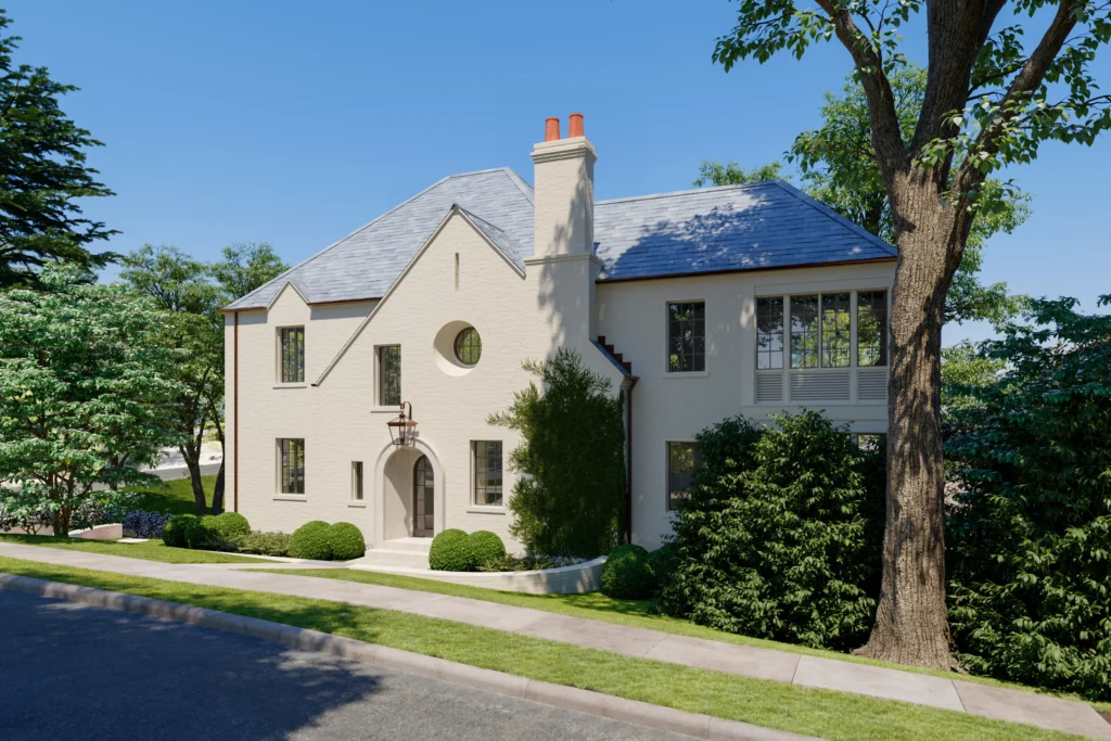 Photorealistic residential exterior and landscape rendering for a private home in Birmingham, Alabama.