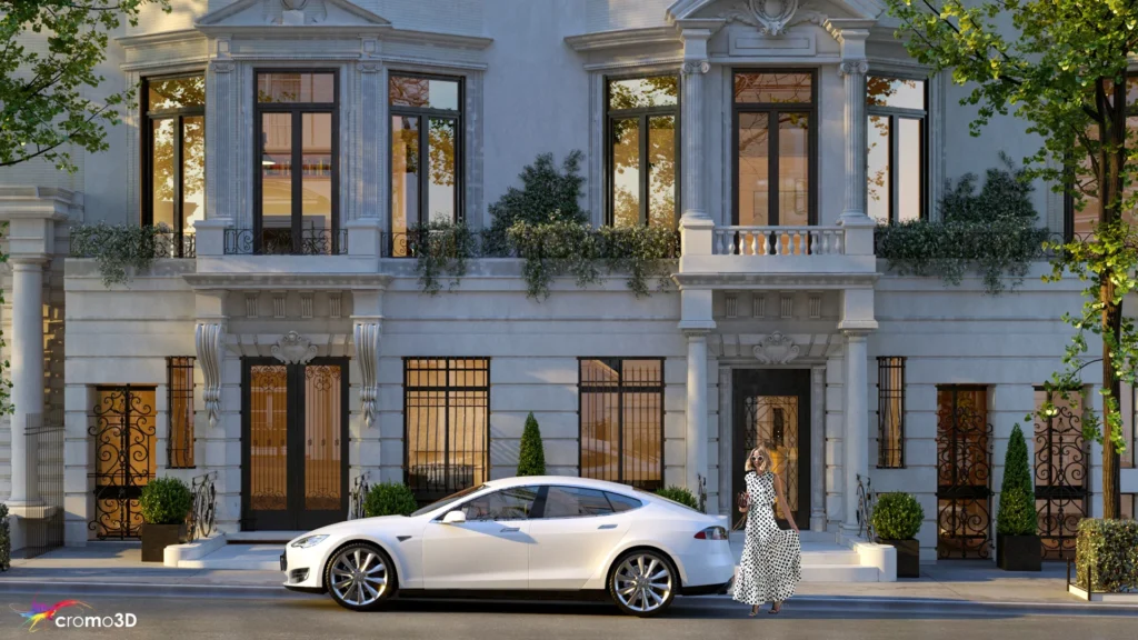 Photorealistic 3D exterior rendering of a New York City townhouse